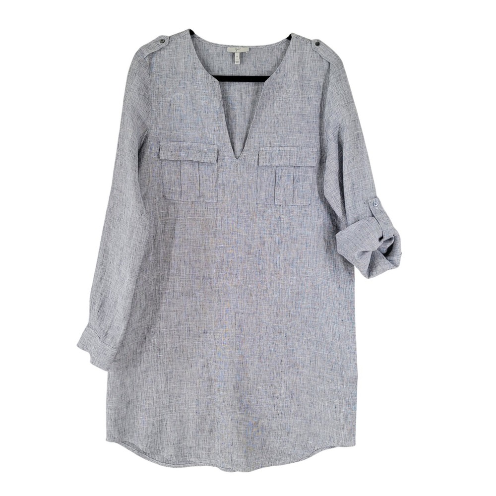Joie Linen Tunic Dress Womens M Blue White Good Split Neck Utility 3196-30666C